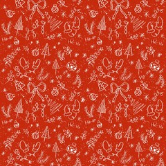 Christmas Doodle Seamless Pattern on Red Background. Perfect for Christmas celebrations, festive decorations, greeting cards, gift wrapping, holiday branding, and seasonal designs.