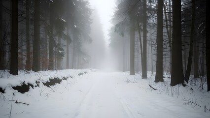 Winter Forest Path Misty Atmosphere