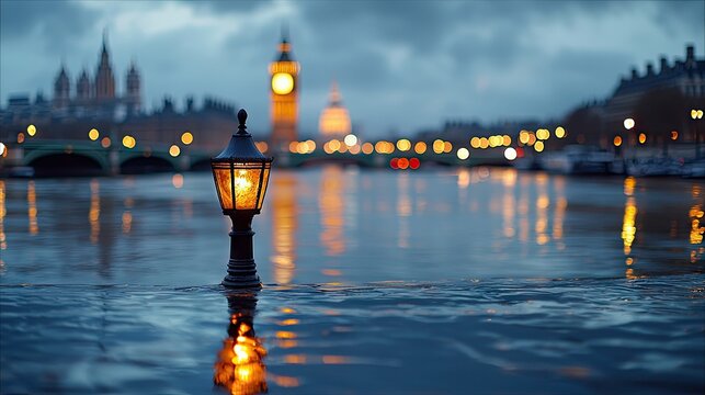 A street lamp glows in the foreground with the Big Ben clock tower and the Houses of Parliament in the background, reflecting in the water at night in London, U