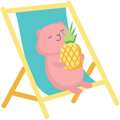 Hamster rest on beach vector. Vacation relax icon. Cute animal holding pineapple sitting on deck chair enjoy summer travel fun season holiday at seaside illustration isolated on white background