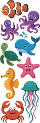 Naklejka premium A vibrant collection of cute cartoon marine animals including an orange clownfish, purple octopus, green sea turtle, blue whale, pink starfish, yellow seahorse, teal jellyfish, and red crab, rendered