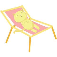 Cat rest on beach vector. Vacation relax icon. Cute animal sunbathing lying on deck chair enjoy summer travel fun season holiday at seaside illustration isolated on white background