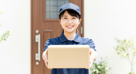 物流・配送・宅配する日本人女性ドライバー、玄関先で荷物を差し出す笑顔、コピースペース