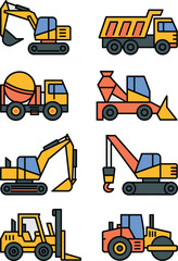 Colorful industrial vector icon collection featuring heavy duty equipment like diggers, cranes, rollers, dumpers, cement mixers, and forklifts, ideal for engineering documentation, business presentati