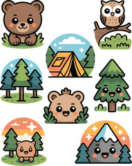 Naklejka premium A cute collection of adorable cartoon animal and nature icons featuring happy kawaii bears, an owl, green pine trees, a camping tent, and a majestic mountain peak, perfect vector graphic resources for