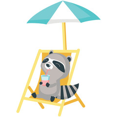 Raccoon rest on beach vector. Cute animal drinking fresh juice or soda summer cocktail sunbathing on deckchair enjoy summer relax on tropical seaside illustration isolated on white background