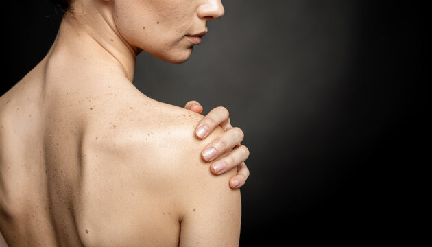 Rear View of a Woman Touching Her Bare Shoulder in a Studio with Soft Light