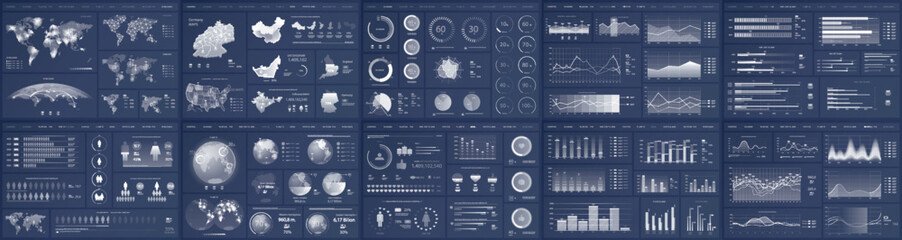 Naklejka na ściany i meble Mega set of infographic elements data visualization vector design template. Includes social media, business process, people, workflow, diagram, flowchart, timeline, marketing. Bundle info graphics.