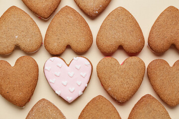 Heart shaped cookies on yellow background. Valentine's Day celebration