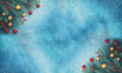 Festive Christmas background with pine branches, berries and ornaments creating a joyful holiday atmosphere perfect for greetings and invitations