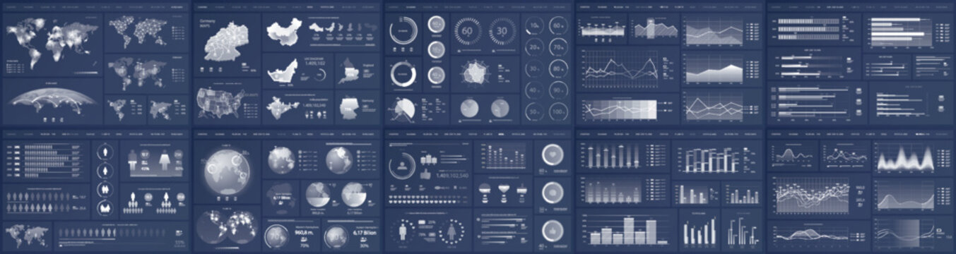 Mega set of infographic elements data visualization vector design template. Includes social media, business process, people, workflow, diagram, flowchart, timeline, marketing. Bundle info graphics.