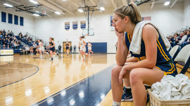 High school girl's basketball player with an expression of disappointment after being benched during a game. School basketball court. Parents in attendance. - Powered by Adobe