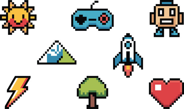 A vibrant collection of retro pixelated 8-bit video game icons and digital graphic assets, featuring a sun, controller, futuristic robot, tree, lightning bolt, mountain, rocket, and heart health symbo