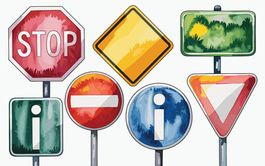 A vibrant collection of essential road and traffic regulation signs, including Stop, Yield, No Entry, Warning, and Information symbols, beautifully rendered in a stylized watercolor illustration for s