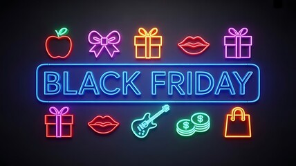 Black friday neon sign with gift icons
