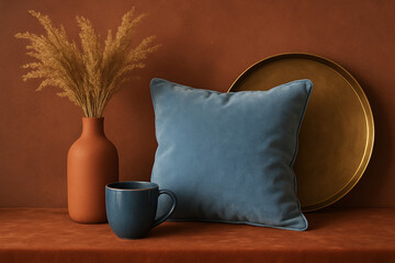 Stylish moody setup merging terracotta warmth powder blue softness and luxurious gold elements.