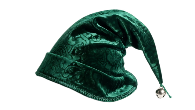 A green velvet elf hat with a silver bell isolated on a black background in a studio setting