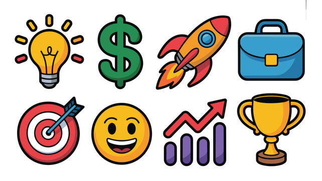 Modern vector business success icons featuring bright yellow lightbulb for innovation, green finance dollar symbol, red startup rocket launch, blue professional briefcase, target goal achievement, pos