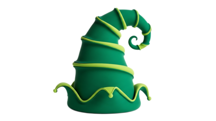 A green elf hat with a lime green trim on a black background in a studio shot isolated
