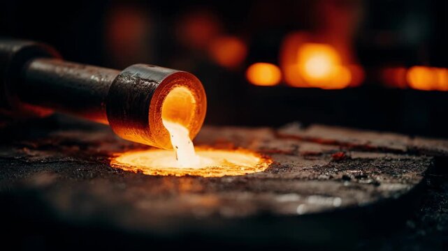 Medium shot of molten metal being pushed through a round die forming smooth hollow metal tubes in an industrial extrusion process