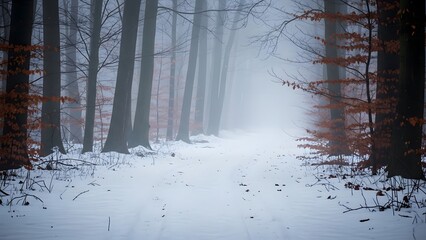 Winter Forest Path Misty Atmosphere