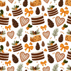 Seamless festive pattern with layered cakes, pinecones, heart cookies, pine sprigs and golden bows