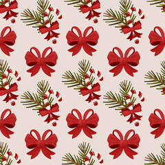 Christmas Seamless Pattern with Red Bows, Pine Branches and Candy Canes