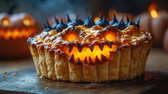 A spooky halloween pie with a scary monster face