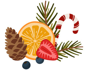 Christmas Arrangement with Orange Slice, Candy Cane and Pine Cones - Festive Illustration