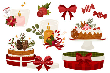 Vector illustration set with Christmas cakes, candles, gift boxes, bows, berries and holly. Cozy festive stickers suitable for greeting cards, packaging, stickers, and holiday crafts