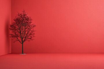 Striking red tree in minimalist studio setting evokes peace and creativity, perfect for serene designs, wellness brands, and mindful living concepts