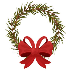Christmas Wreath with Red Ribbon - Festive Holiday Decoration Isolated on White. Suitable for greeting cards, gift tags, festive banners, branding, websites, printables and holiday design projects