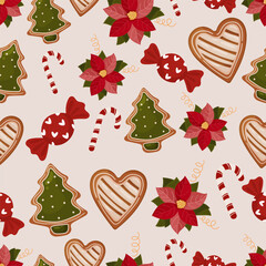 Seamless Christmas Pattern with Gingerbread, Candy Canes and Poinsettias