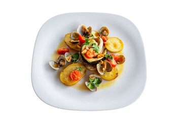 Delicious seafood dish featuring clams, shrimp, and vegetables on a white plate, showcasing vibrant colors and culinary artistry