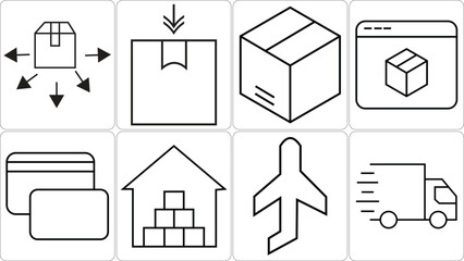 Collection of shipping and logistics icons representing delivery and storage solutions