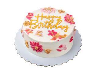 A beautifully decorated birthday cake features colorful floral designs and a bright message on top, ideal for birthday celebrations and gatherings