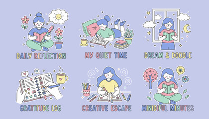 Selfcare and wellness sticker set journaling daily reflection quiet time gratitude log and creativity