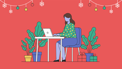 Woman working remotely on a laptop in a festive office setting decorated with ornaments and gifts
