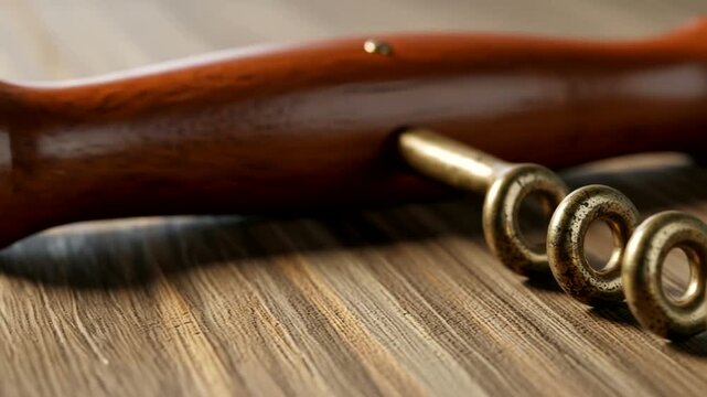 Close-up of a wooden corkscrew on a wooden surface, ready to use.