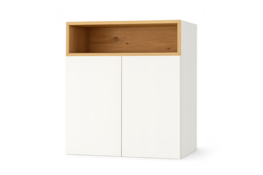 Modern white and wood cabinet isolated on transparent background, furniture