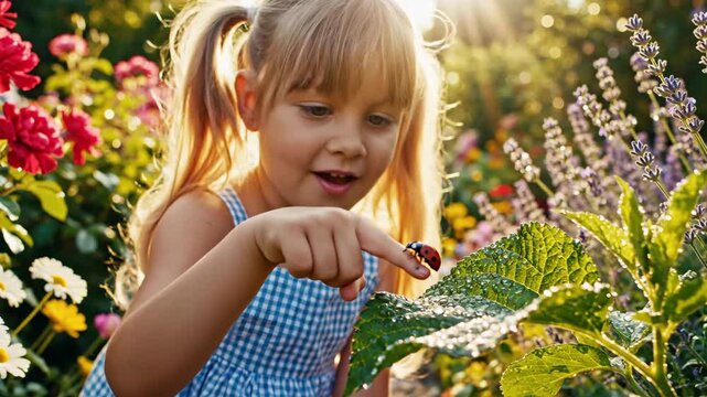 Girl examines a ladybug in a garden filled with flowers and sunlight.