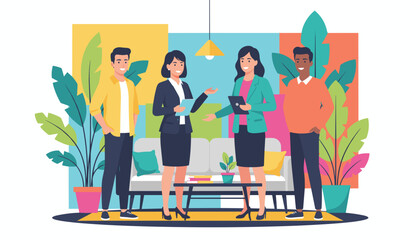 Business professionals collaborating in a modern office with tropical plants Team discussion