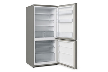 Modern refrigerator with open doors isolated on transparent background view