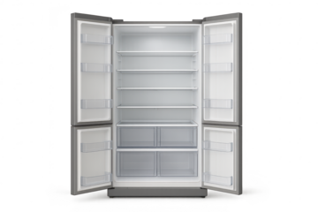 Open empty grey refrigerator isolated on transparent background, shelves, drawers