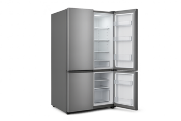 Modern grey refrigerator with open doors isolated on transparent background