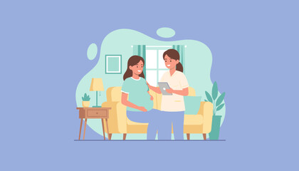 Home prenatal care Nurse with tablet consults a happy pregnant woman on the couch