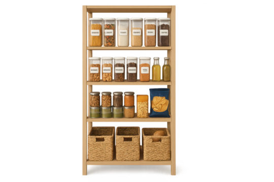 Wooden pantry shelves with glass jars and wicker baskets on transparent background