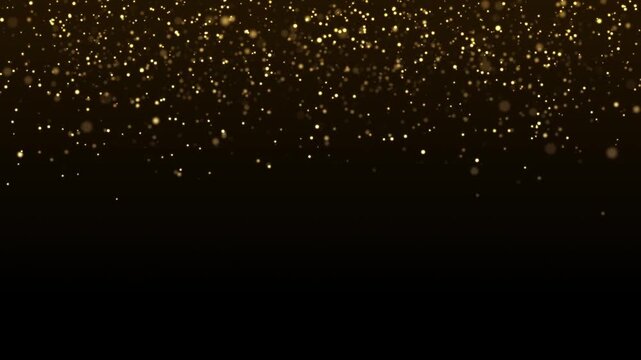 4k Gold Particles Rain. Motion Background. Golden glitter particle. Isolated on black. Animated Overlay. Defocused bokeh. Falling down glitzy lights. Luxury golden particle rain falling