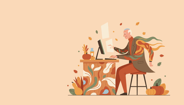 Creative senior man working on a computer at a festive autumn desk Technology and productivity concept