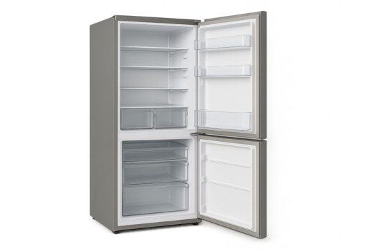 Modern refrigerator with open doors isolated on transparent background view